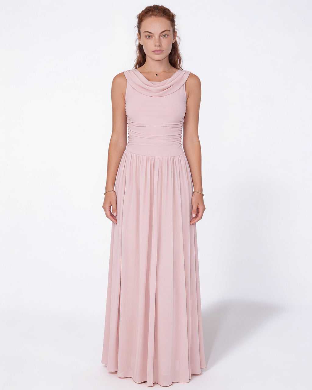 Robe longue col bénitier, taille froncée — Sorellea