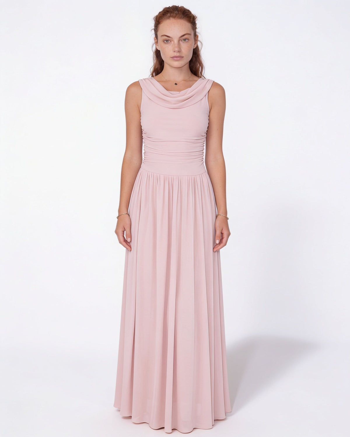 Robe longue col bénitier, taille froncée — Sorellea