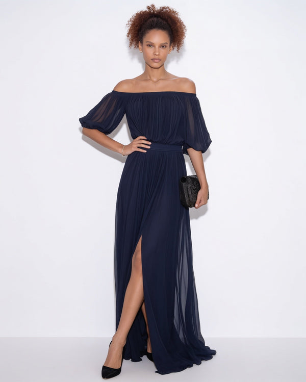 Robe longue plissée, épaules dénudées — Sorellea