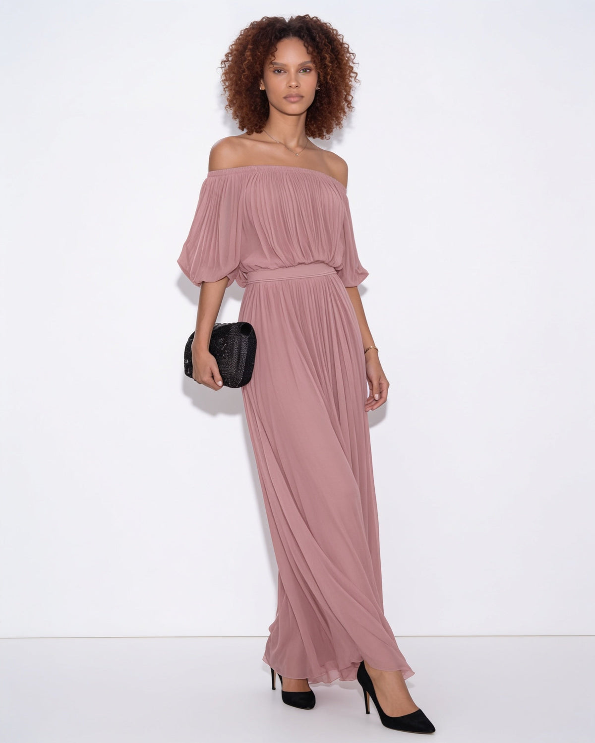 Robe longue plissée, épaules dénudées — Sorellea
