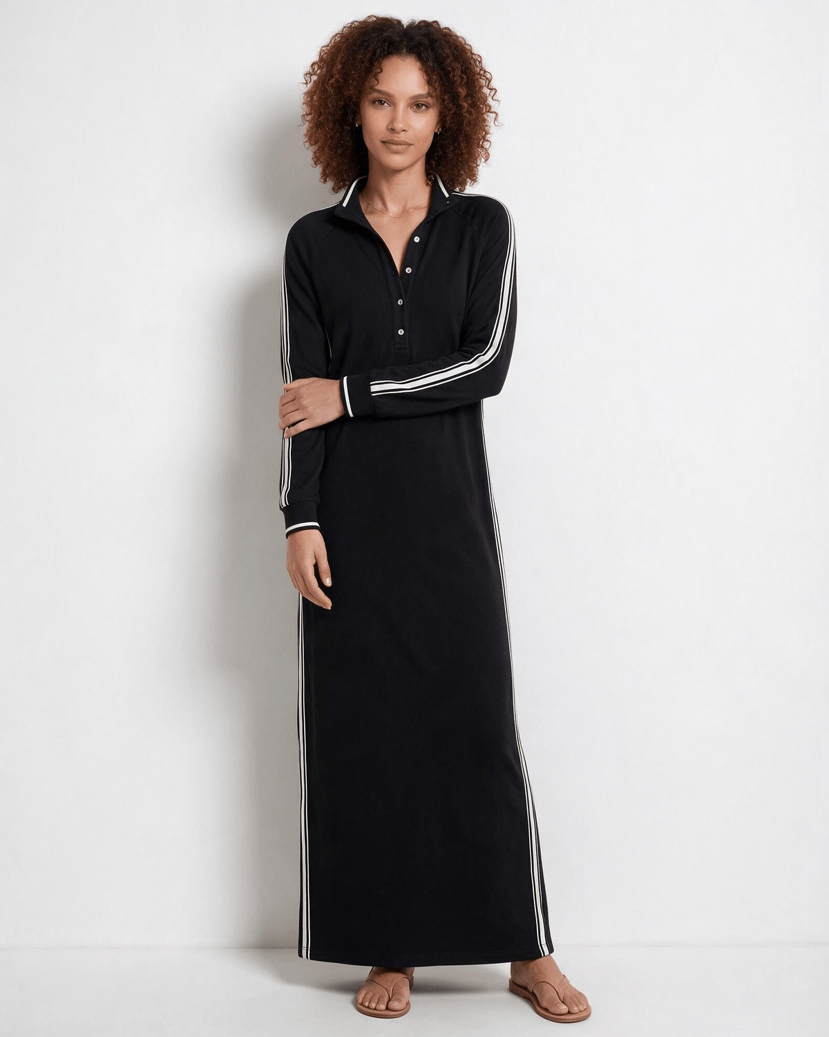 Robe longue polo en coton à bandes contrastées — Sorellea