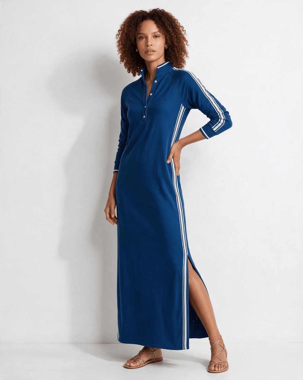 Robe longue polo en coton à bandes contrastées — Sorellea