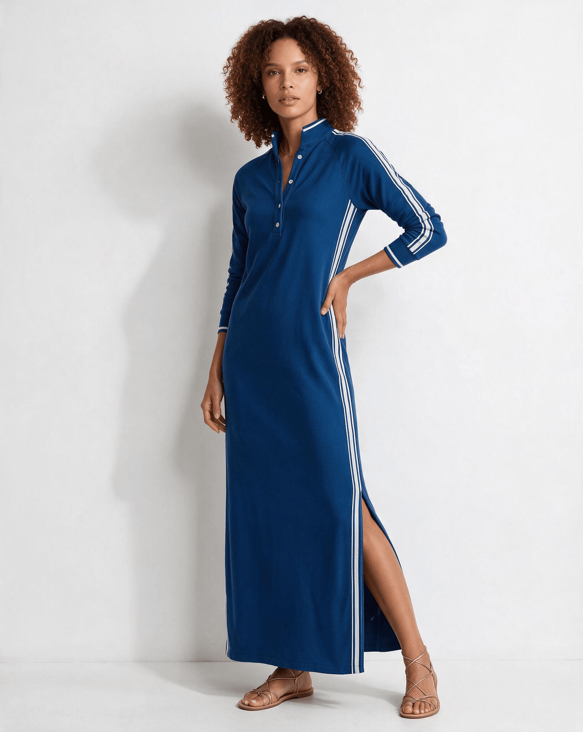 Robe longue polo en coton à bandes contrastées — Sorellea
