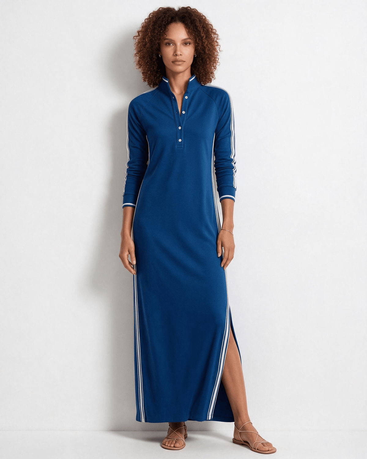 Robe longue polo en coton à bandes contrastées — Sorellea