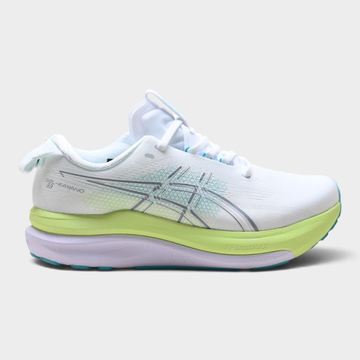 Chaussures de running Asics Gel Kayano 33 homme - Blanc / Bleu aqua