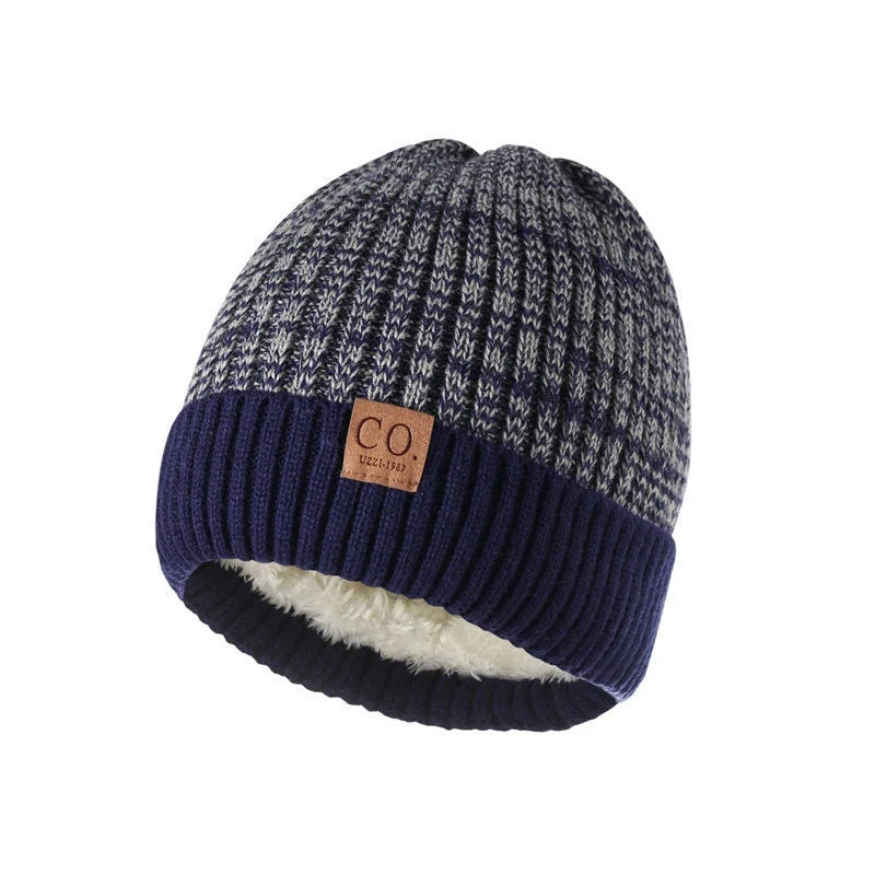 Bonnet d'hiver en maille bicolore unisexe - Bleu marine