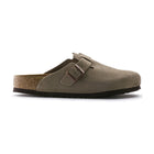 Birkenstock Boston Beige – vue de profil du sabot en daim avec semelle en liège | Sorellea