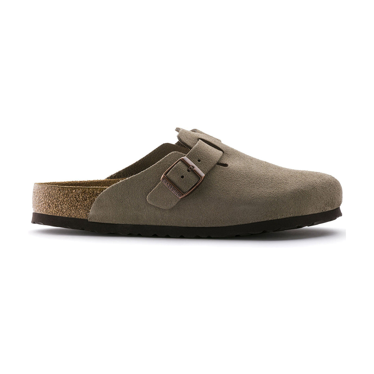 Birkenstock Boston Beige – vue de profil du sabot en daim avec semelle en liège | Sorellea