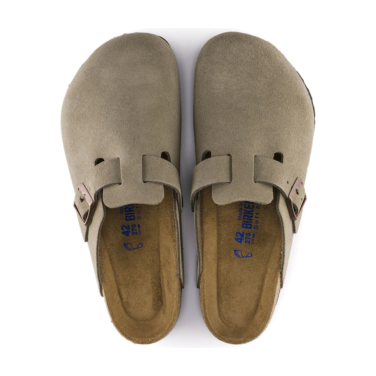 Birkenstock Boston Beige – vue de dessus de la paire et du lit de pied anatomique | Sorellea