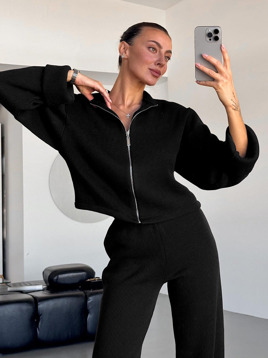 Ensemble maille femme veste zippée et pantalon large