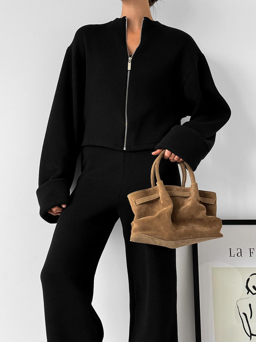Ensemble maille femme veste zippée et pantalon large