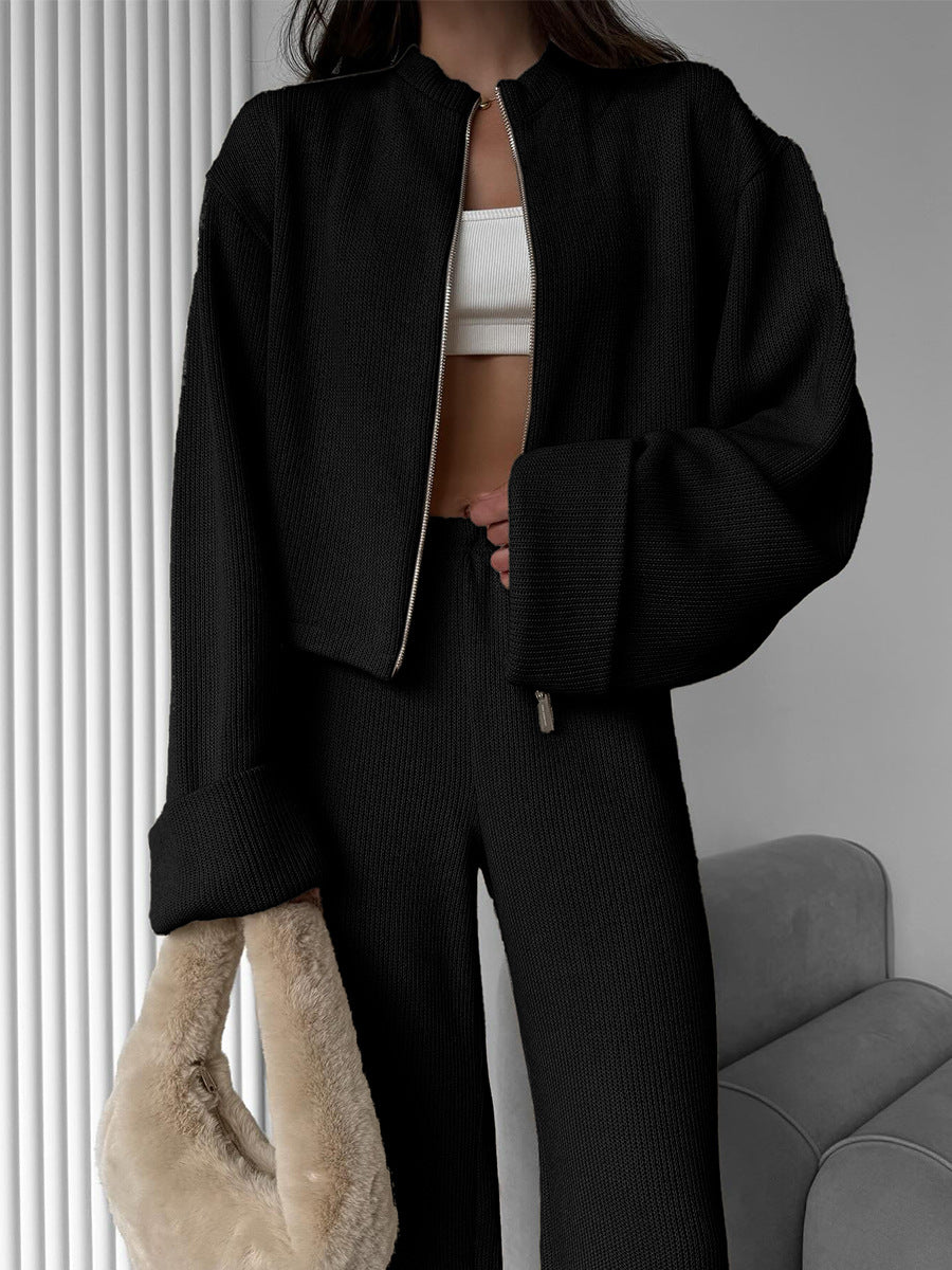 Ensemble maille femme veste zippée et pantalon large