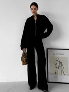 Ensemble maille femme veste zippée et pantalon large - Noir