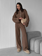 Ensemble maille femme veste zippée et pantalon large - Marron
