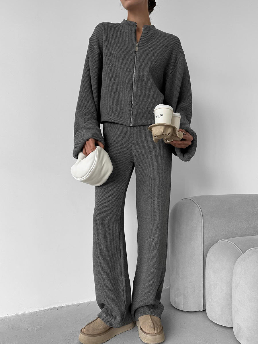 Ensemble maille femme veste zippée et pantalon large