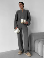 Ensemble maille femme veste zippée et pantalon large - Gris