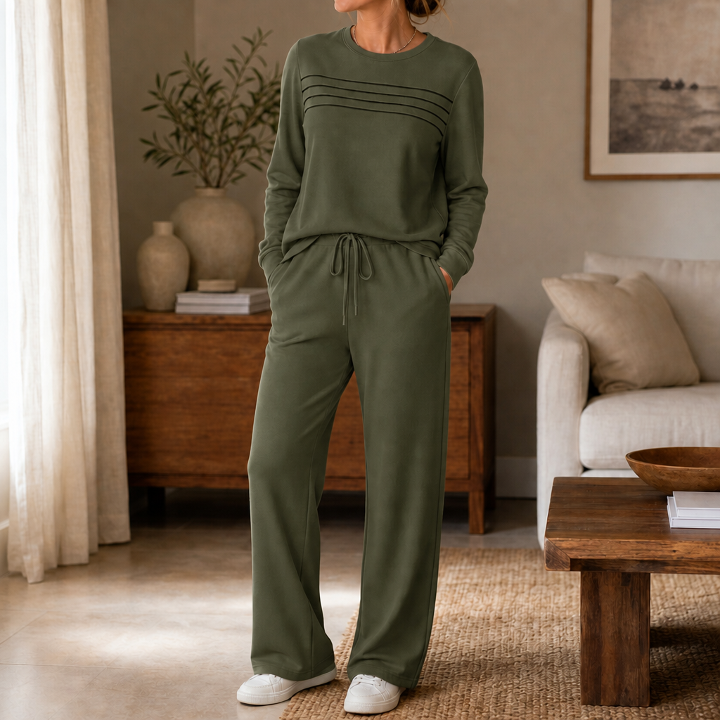 Ensemble détente femme 2 pièces col rond à cordon - Vert foncé