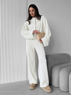 Ensemble maille femme veste zippée et pantalon large - Blanc